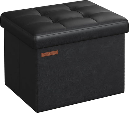 Small Folding Storage Ottoman, Foot Rest Stool, Cube Footrest, Synthetic Leather, 12.2 X 16.1 X 12.2 Inches, 286 Lb Capacity, for Living Room, Bedroom, Dorm, Ink Black ULSF100B01