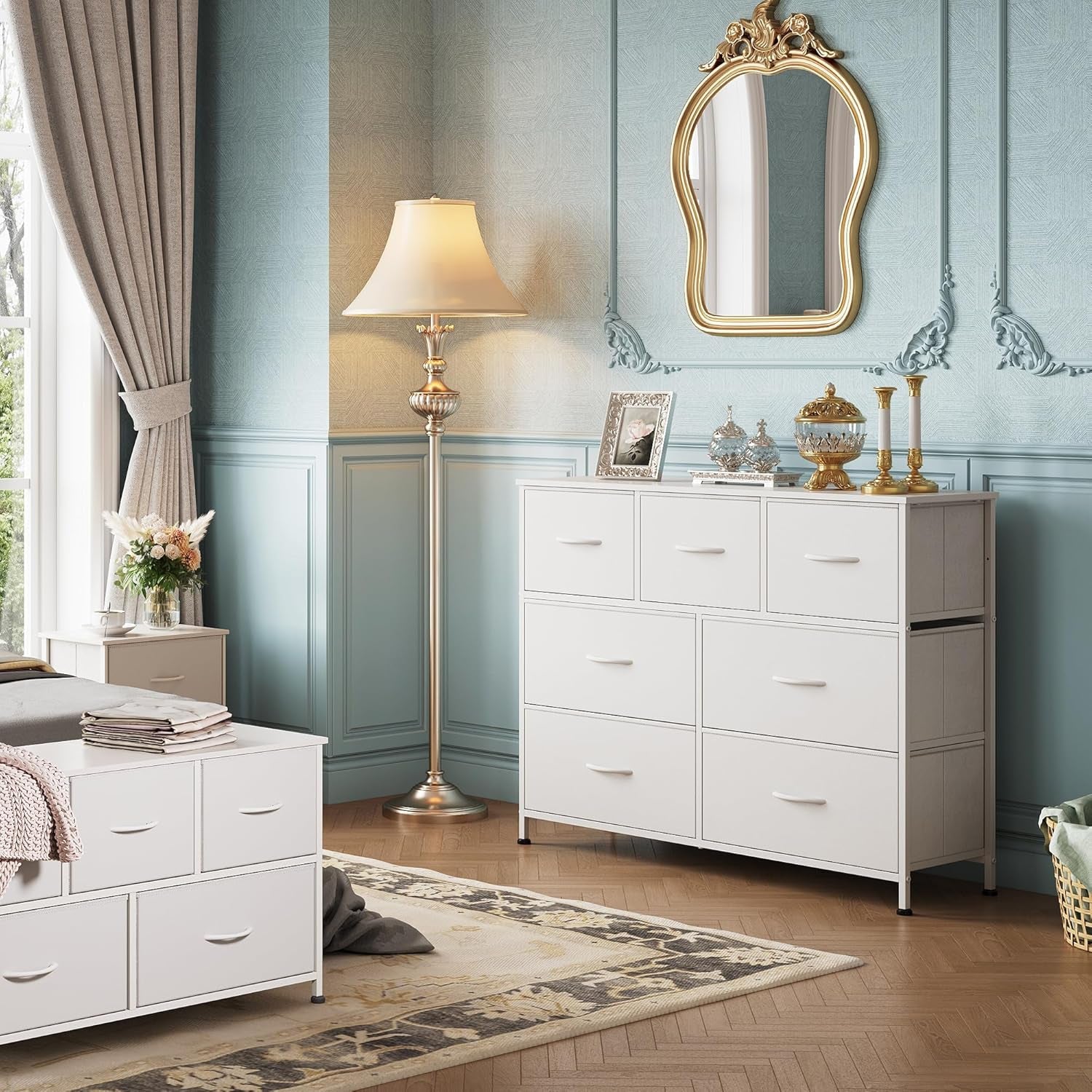 7 Drawer Dresser TV Stand, Dressers for Bedroom, Fabric Storage Tower, Hallway, Entryway, Closets, Sturdy Steel Frame, Wood Top, Easy Pull Handle, White