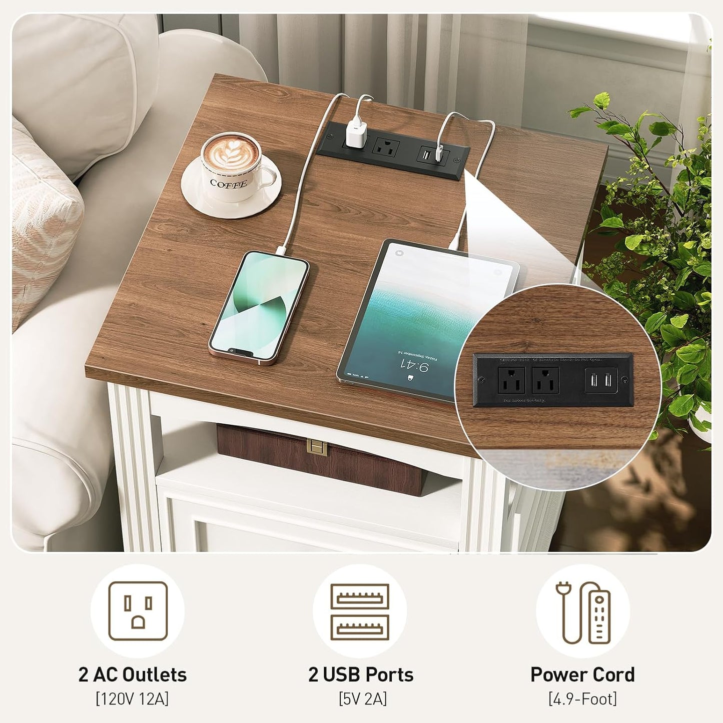 Farmhouse End Table with Charging Station, Large Side Table with Drawers and Open Shelf, Square Rustic Wooden Nightstand for Living Room, White and Walnut