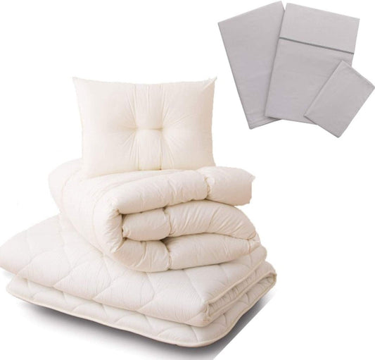 Japanese Futon Set, Twin, Made in Japan, (Comforter, Floor Mattress, Pillow, and Gray-Covers), CLASSE, Foldable Sleeping Bed, Tatami Mat