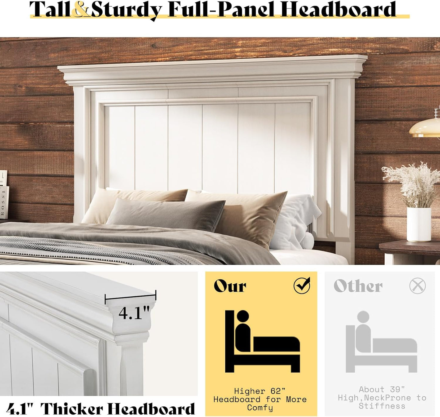 Queen Size Solid Wood Bed Frame, Farmhouse Platform Bed with Headboard and Footboard, Rustic Bed Base with 12 Wood Slats Support, No Box Spring Needed, Distressed White