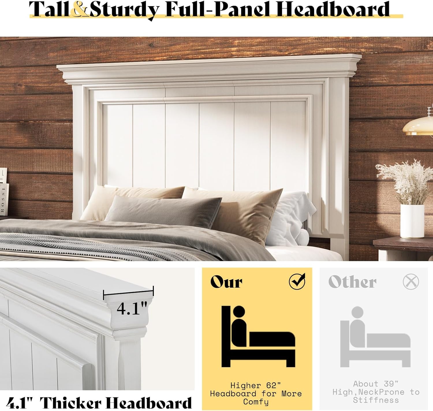 Queen Size Solid Wood Bed Frame, Farmhouse Platform Bed with Headboard and Footboard, Rustic Bed Base with 12 Wood Slats Support, No Box Spring Needed, Distressed White