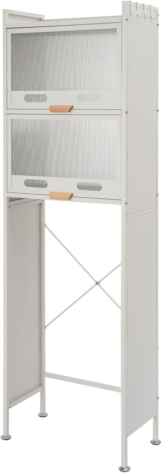 Over the Toilet Storage Cabinet with Flip Door, Metal Bathroom Shelf Organizer, Space Saver Freestanding Rack above Toilet Storage Cabinet with X-Shaped Crossbar (White)