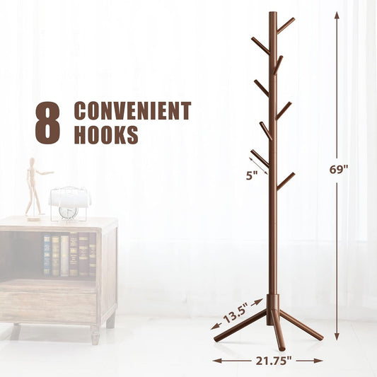 Wooden Coat Rack Stand with 8 Hooks New Zealand Pine 3 Adjustable Coat Standing Tree Easy Assembly for Coats, Hats, Scarves and Handbags for Entryway, Hallway, Bedroom, Office