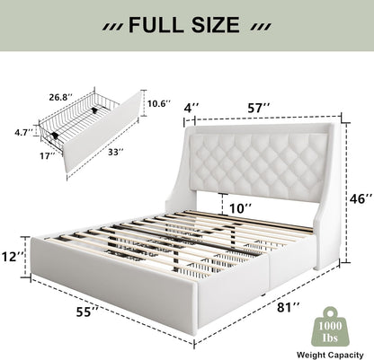 Upholstered Full Size Bed Frame with 4 Storage Drawers, Charging Station, Tufted Wingback Storage Headboard, No Box Spring Needed, Easy Assembly, White