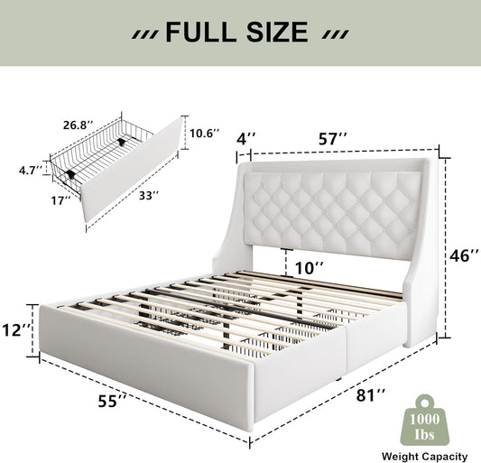 Upholstered Full Size Bed Frame with 4 Storage Drawers, Charging Station, Tufted Wingback Storage Headboard, No Box Spring Needed, Easy Assembly, White