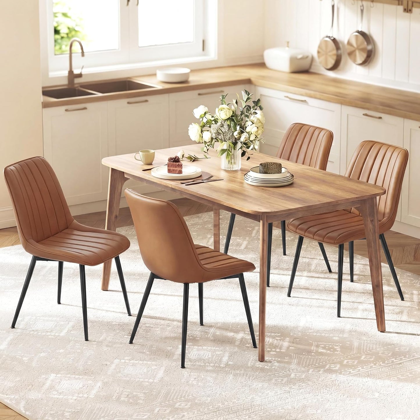 Dining Chairs Set of 4, Upholstered Kitchen Chairs, Synthetic Leather, Max. Load 264 Lb, Steel Legs, Curved Backrest, for Dining Room, Caramel Brown and Ink Black ULDC090KN03-2J