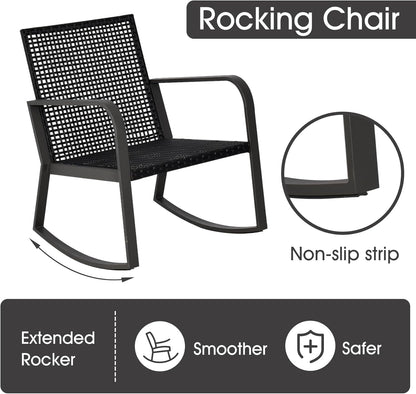 Bistro 3 Piece Patio Furniture Set, Patio Table and Rattan Outdoor Rocking Chairs Set of 2, Outdoor Bistro Conversation Set for Garden, Balcony, Poolside, Backyard, Blue