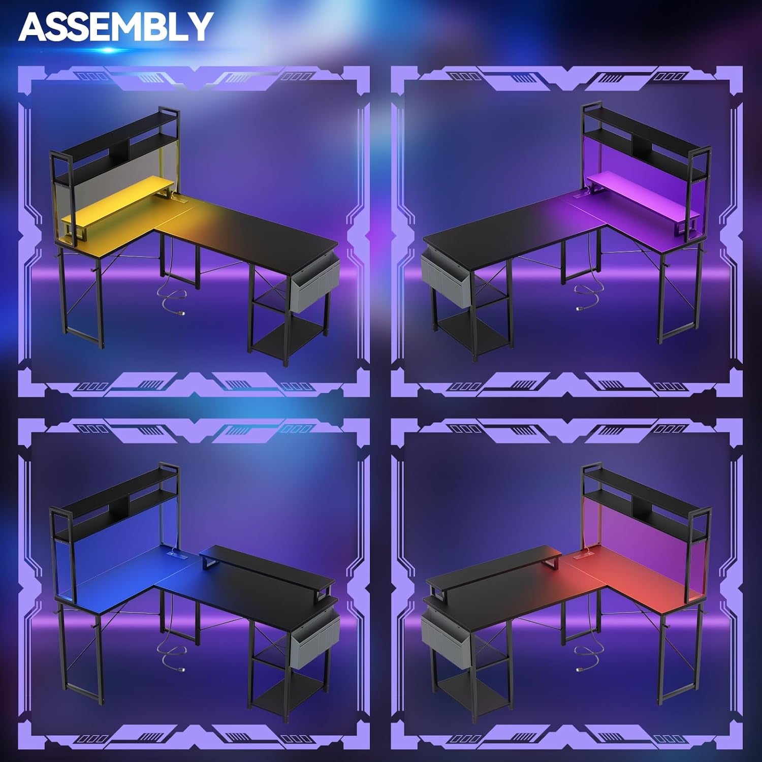 Small L Shaped Gaming Desk with LED Lights & Power Outlets, Reversible L-Shaped Computer Desk with Monitor Stand & Storage Shelf, Corner Desks Home Office Desk with Storage Bag, Black