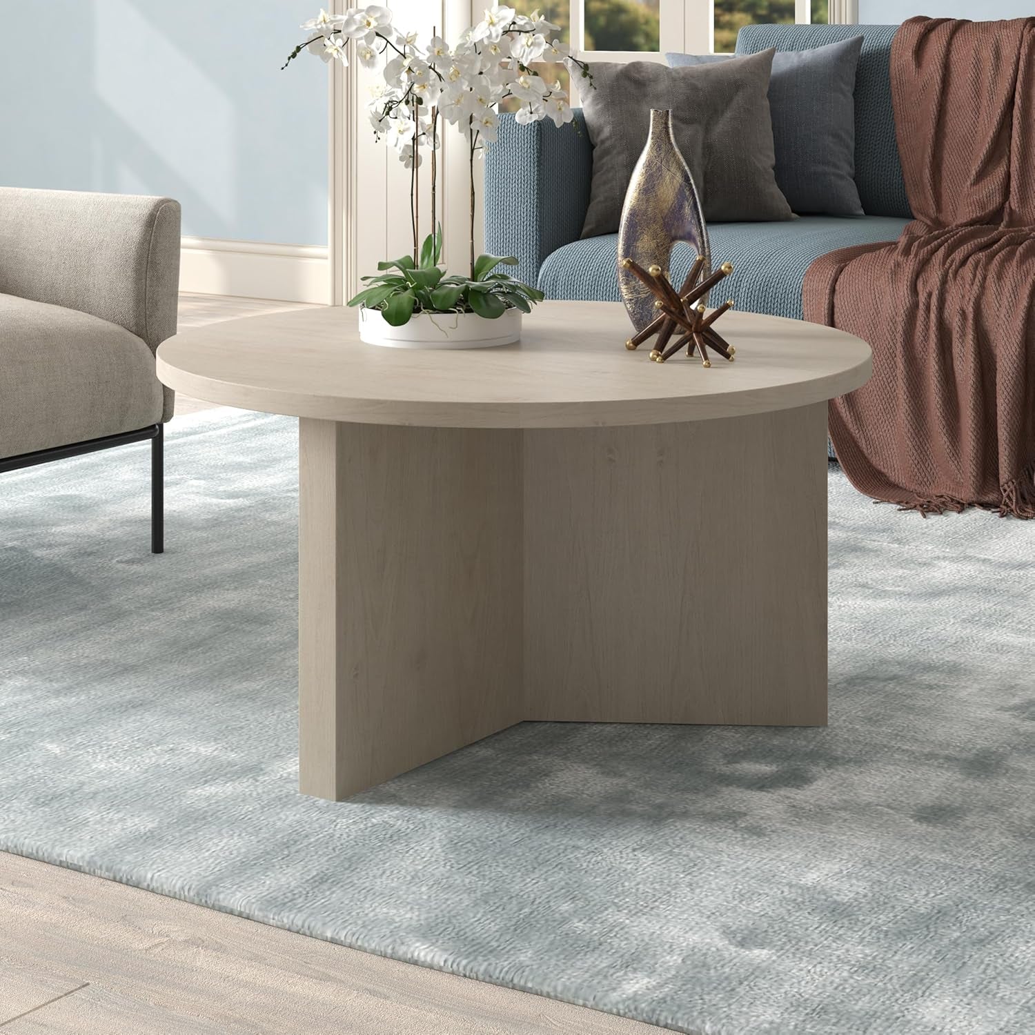 32" round Wood Pedestal Coffee Table for Living Room, Family Room, Office, or Apartment, Alder White