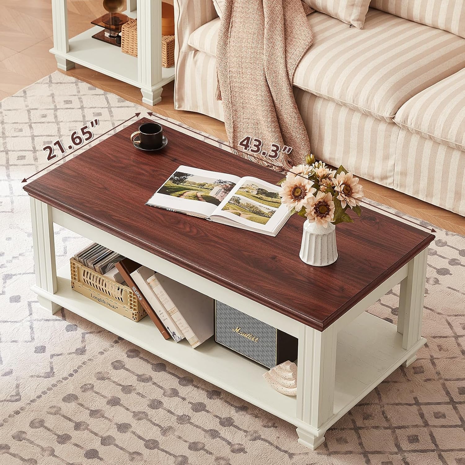 Farmhouse Coffee Table Set of 3, Rustic Wood 3 Piece Coffee and End Table Sets with Open Shelf for Living Room, White