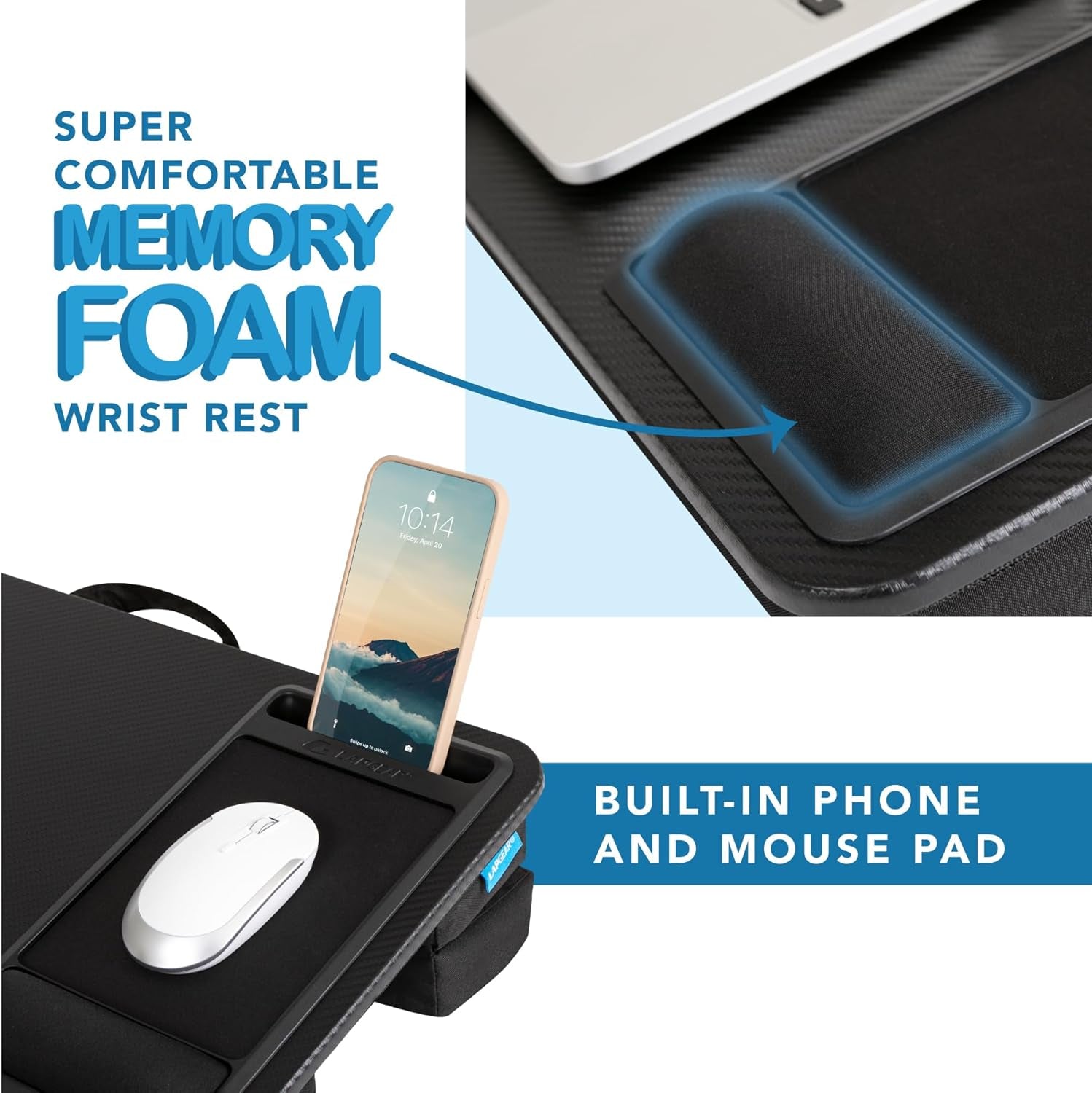 Extra Large Adjustable Lap Desk – Fits Laptops up to 17.3”, Adjustable Cushion, Memory Foam Wrist Rest, Mouse Pad, Device Ledge, & Phone Slot – Black Carbon - Style No. 88108