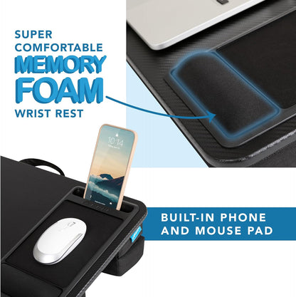 Extra Large Adjustable Lap Desk – Fits Laptops up to 17.3”, Adjustable Cushion, Memory Foam Wrist Rest, Mouse Pad, Device Ledge, & Phone Slot – Black Carbon - Style No. 88108