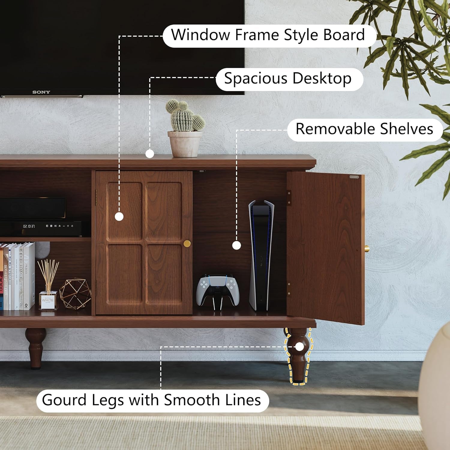 67" Mid Century Modern TV Stand with Window Design,Wood Entertainment Center with Open Shelf,Up to 70" Media TV for Living Room or Bedroom,Walnut