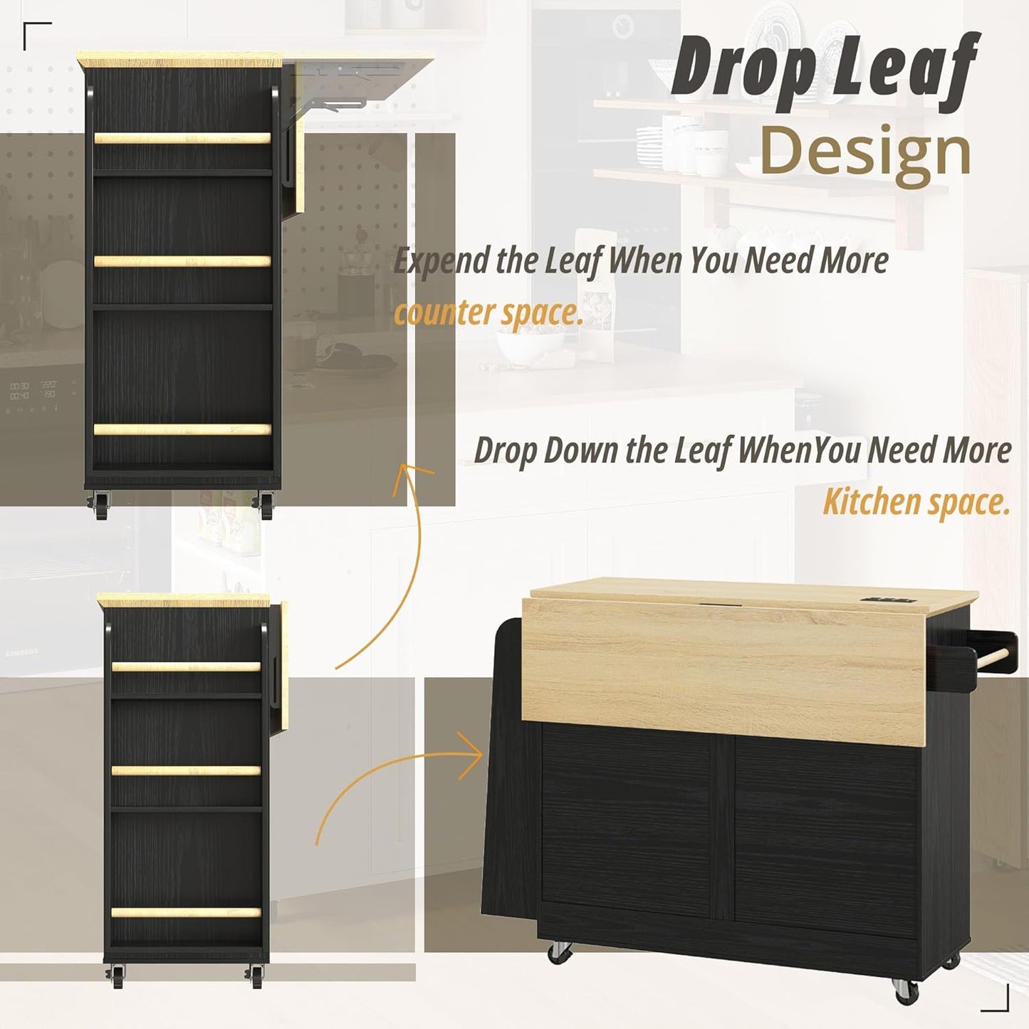 Kitchen Island Cart with Storage, Rolling Kitchen Table with Power Outlet, Storage Cabinets on Wheels with Drop Leaf, Portable for Dining Room, Black