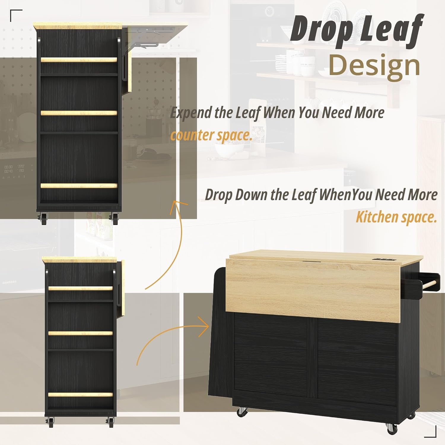 Kitchen Island Cart with Storage, Rolling Kitchen Table with Power Outlet, Storage Cabinets on Wheels with Drop Leaf, Portable for Dining Room, Black