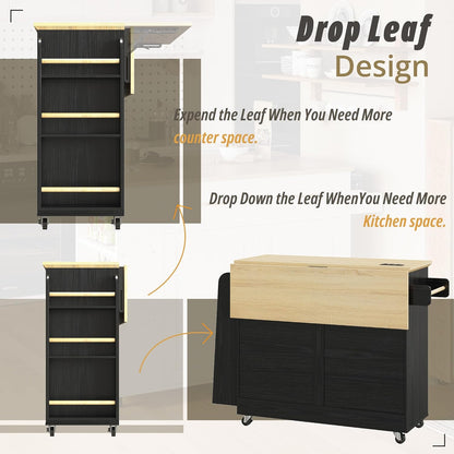 Kitchen Island Cart with Storage, Rolling Kitchen Table with Power Outlet, Storage Cabinets on Wheels with Drop Leaf, Portable for Dining Room, Black