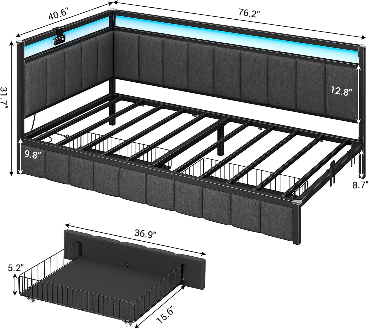 Corner Bed Frame with Storage Drawers, Twin Daybed with Line Fabric Upholstered Fence, Kids Bed Unit with LED Light and Charging Station, Modern Bed Frame