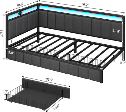 Corner Bed Frame with Storage Drawers, Twin Daybed with Line Fabric Upholstered Fence, Kids Bed Unit with LED Light and Charging Station, Modern Bed Frame