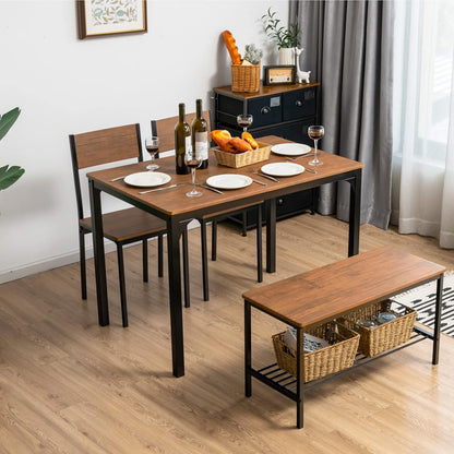 Dining Table Set for 4, 43" Kitchen Table and Chairs, Dining Bench with Metal Frame & Storage Rack, 4-Piece Modern Functional Desk Set for Dinette, Small Space, Apartment, Restaurant, Walnut