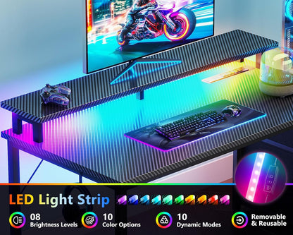 52 Inch Gaming Desk with USB Charging Ports & LED Light - Reversible Computer Desk with 3 Fabric Drawers, Monitor Stand, CPU Stand, and Side Hook, Modern Office Desk, Black