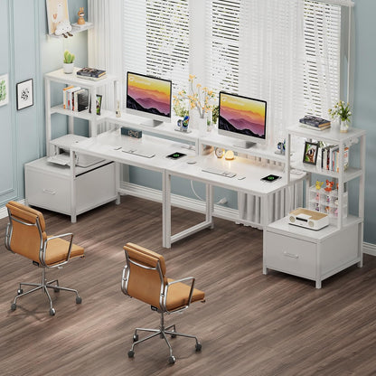 Office Desk with Power Outlets and Printer Shelf, 68.8 Inch Computer Desk with LED and Drawer, Reversible Gaming Desk with Storage for Home Study Working,Walnut