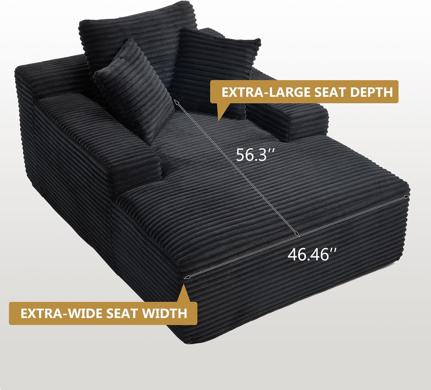 67" Oversized Chise Lounge Chir Indoor, Corduroy Cloud Couch with 3 Pillows, Deep Set Sleeper Sof, No ssembly Required, Comfy Reding Chir for Living Room/Bedroom (Blck)