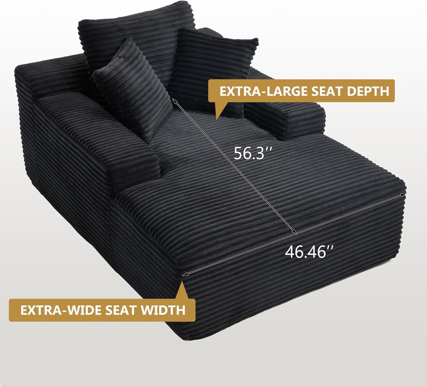 67" Oversized Chise Lounge Chir Indoor, Corduroy Cloud Couch with 3 Pillows, Deep Set Sleeper Sof, No ssembly Required, Comfy Reding Chir for Living Room/Bedroom (Blck)