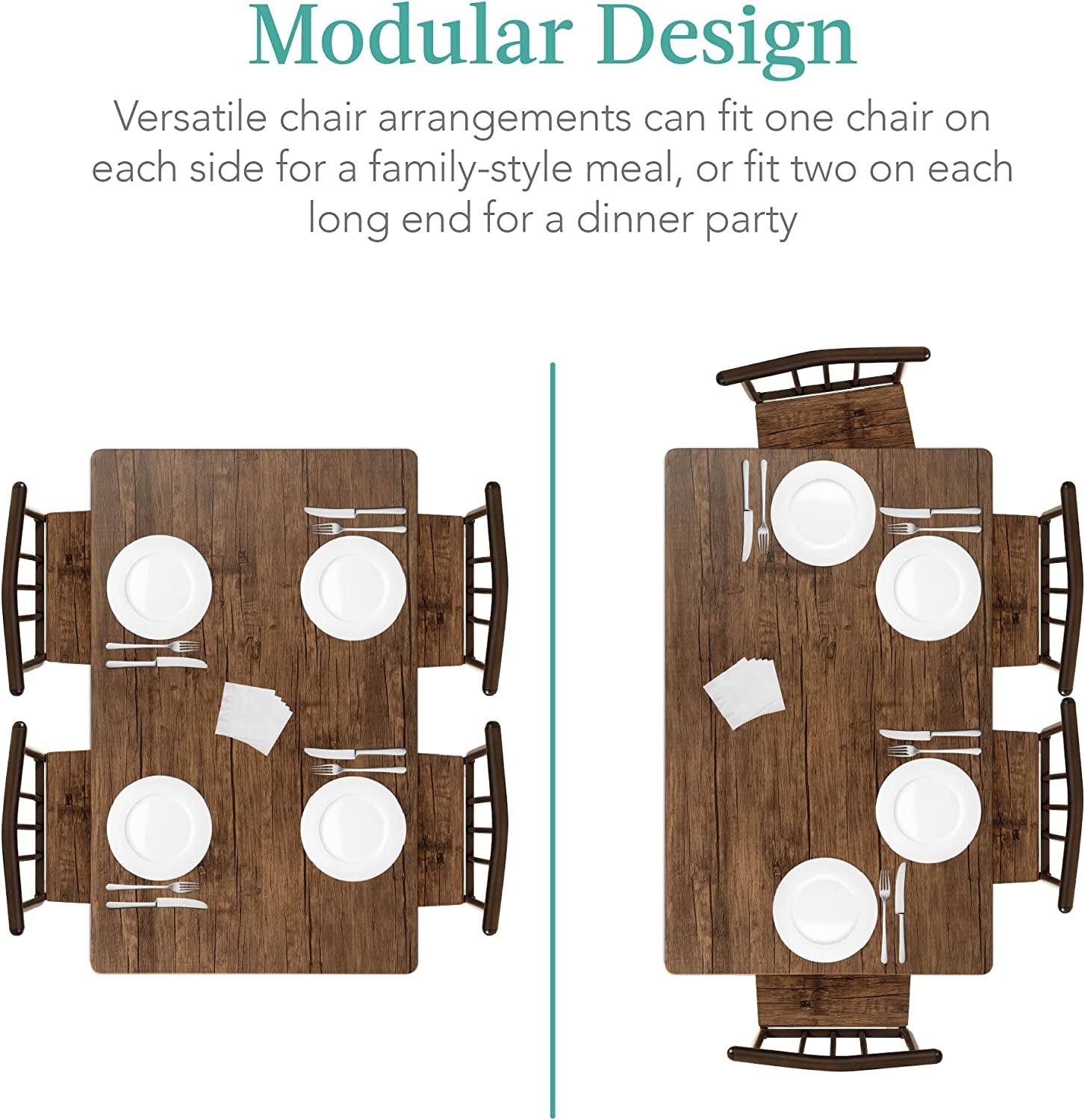 5-Piece Metal and Wood Indoor Modern Rectangular Dining Table Furniture Set for Kitchen, Dining Room, Dinette, Breakfast Nook W/ 4 Chairs - Drift Brown