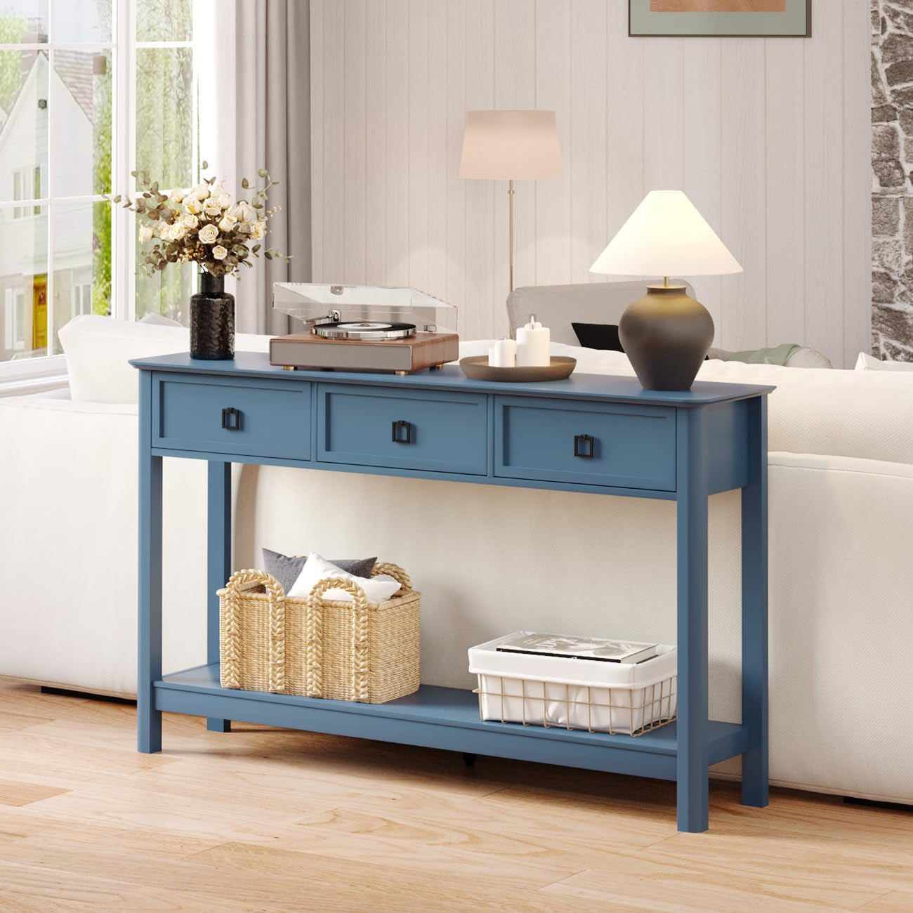 53.1" Console Table with 3 Drawers, Modern Entryway Table, 2-Tier Narrow Long Sofa Table behind Couch Table for Living Room, Hallway, Blue