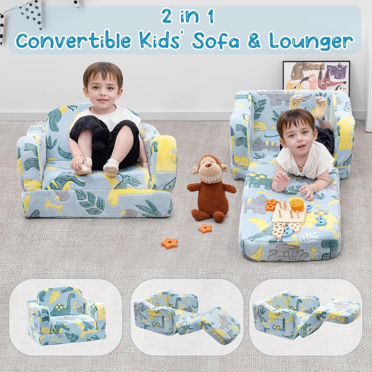 Comfy Toddler Chair and Couch for Kids with Blanket,2-In-1 Soft Plush Fold Out Toddler Couch for Girls and Boys,Convertible Sofa to Lounger for Playroom,Glowing Dinosaur