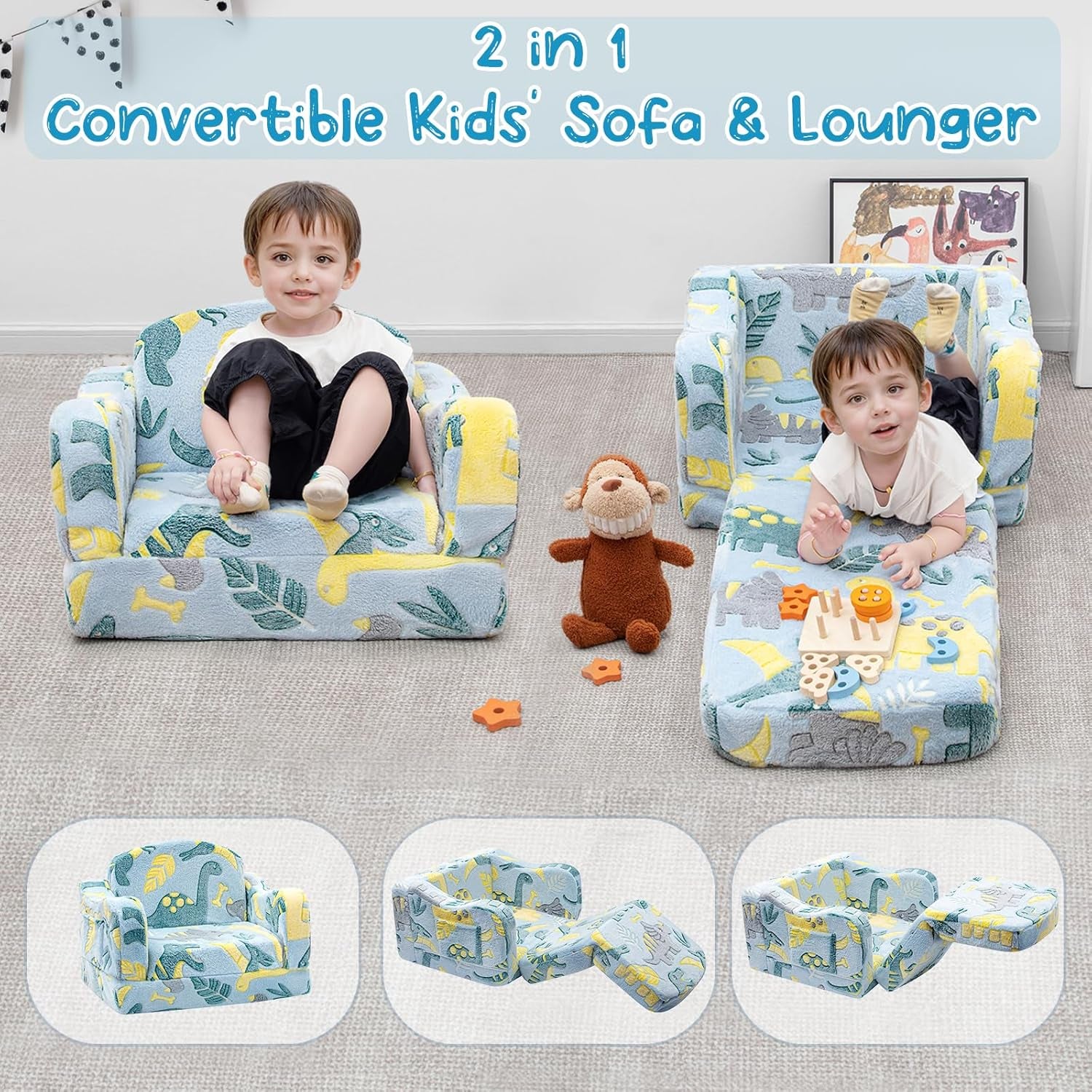 Comfy Toddler Chair and Couch for Kids with Blanket,2-In-1 Soft Plush Fold Out Toddler Couch for Girls and Boys,Convertible Sofa to Lounger for Playroom,Glowing Dinosaur