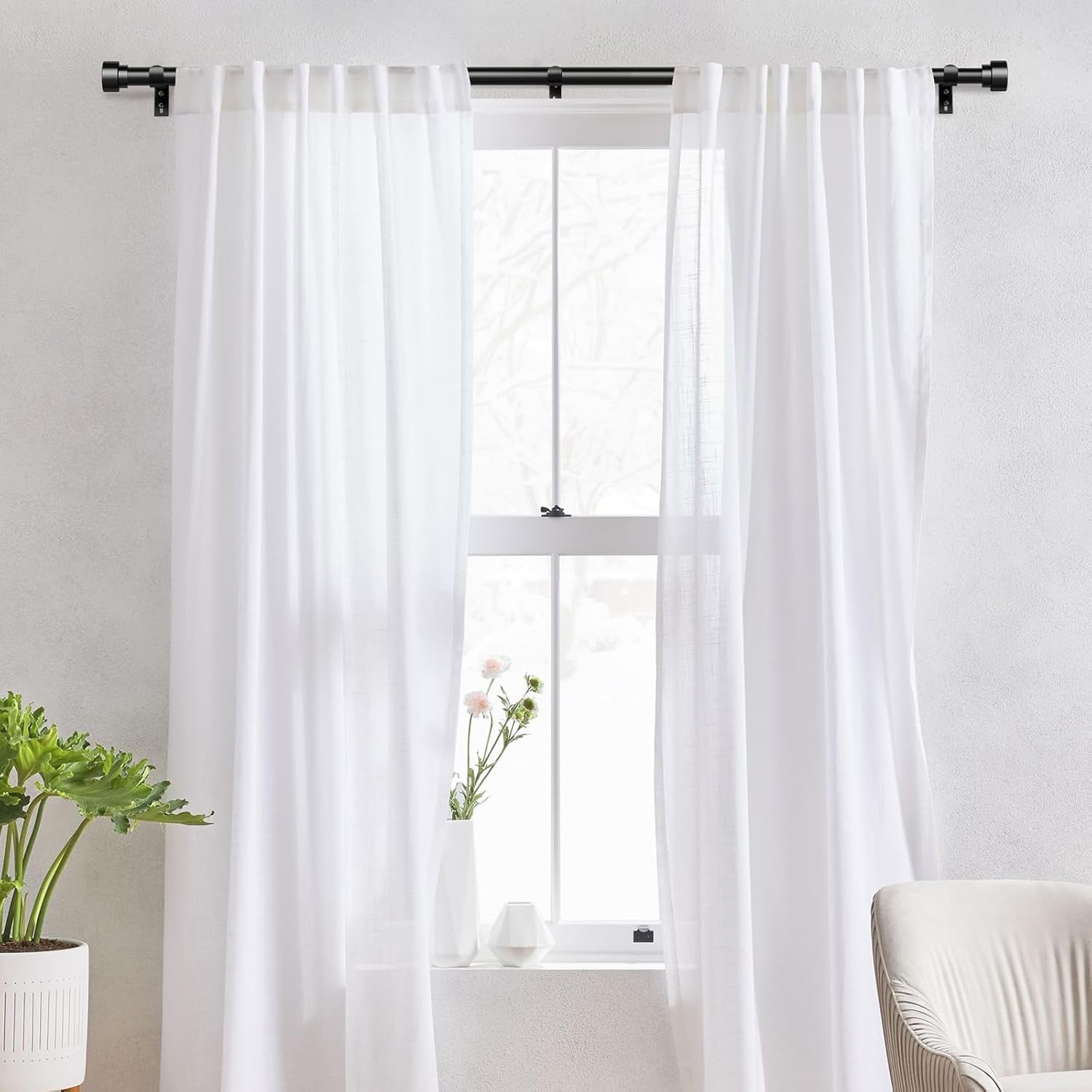 Heavy Duty Curtain Rods for Windows 66 to 120 Inch, 1 Inch Adjustable Black Curtain Rod Set with Easy Installation and Modern Design (A1,Black,30-120")
