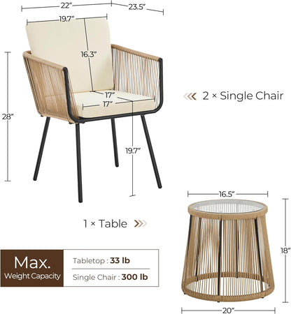 3 Piece Patio Rattan Bistro Set, Outdoor All Weather PE Wicker Conversation Furniture Set with 2 Chairs & Tempered Glass Top Table & Cushions, for Poolside/Porch/Garden/Yard, Tan/Cream