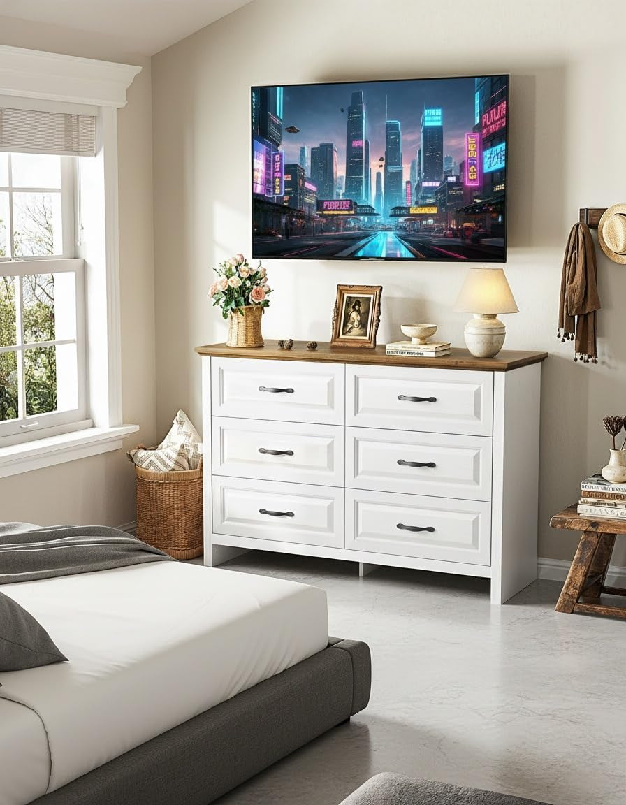 Farmhouse 6 Drawer Dresser, Wood Chest of Drawers with Natural Texture, Smooth Gliding Drawers, Versatile Storage Organizer Cabinet for Bedroom & Living Room, White and Brown