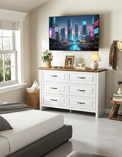 Farmhouse 6 Drawer Dresser, Wood Chest of Drawers with Natural Texture, Smooth Gliding Drawers, Versatile Storage Organizer Cabinet for Bedroom & Living Room, White and Brown