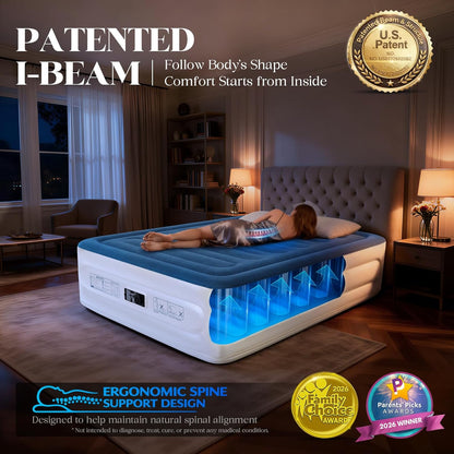 Queen Air Mattress with Built-In Pump,18'' Raised Blow up Mattress, Leak-Proof Air Bed with Storage Bag, Flocked Top Inflatable Mattress for Home, Camping & Guests, I-Beam, Colchon Inflable