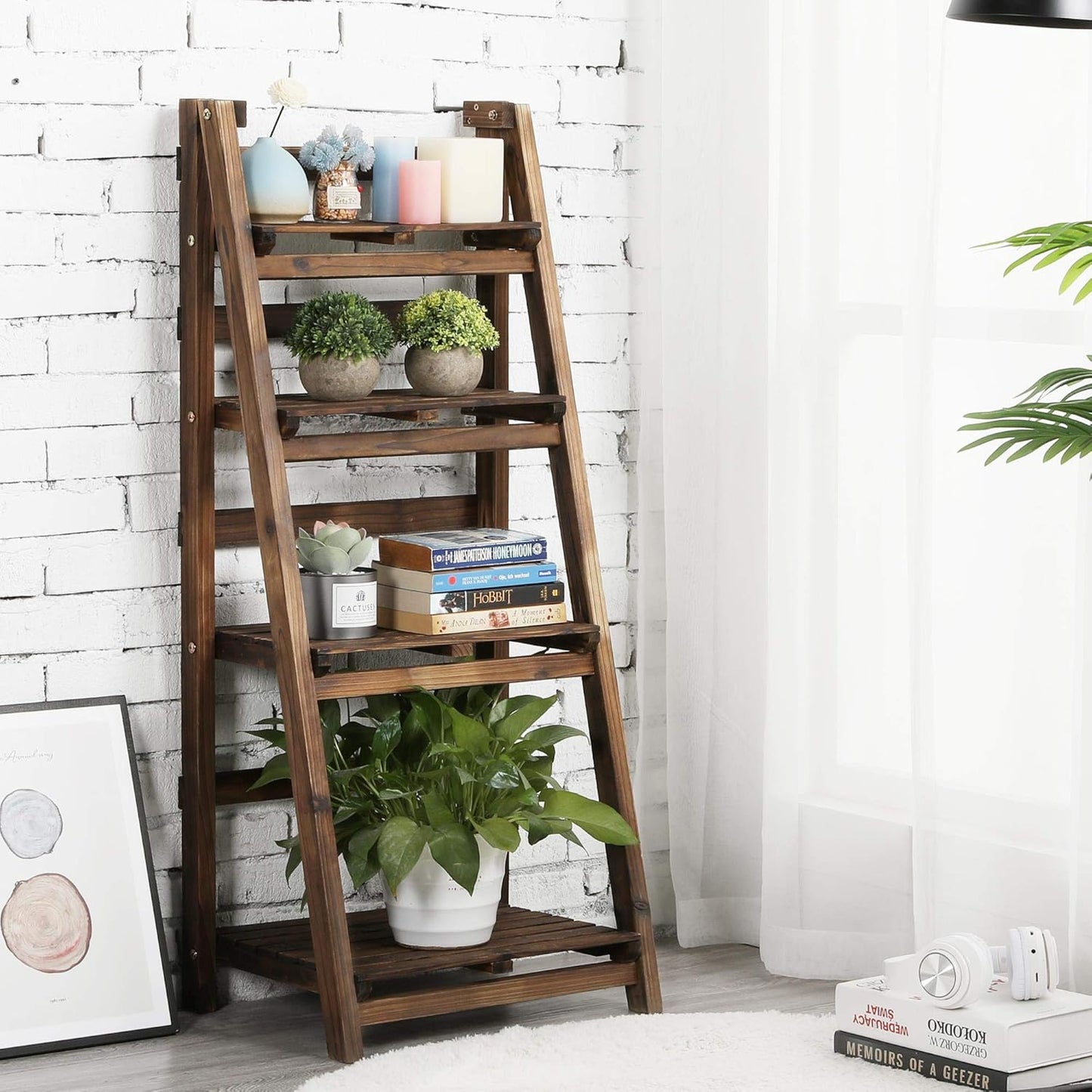 Foldable Ladder Shelves, Decorative Wall-Leaning Home Office Storage Rack Shelves, Display Shelving for Livingroom Bedroom Balcony, Fir Wood Brown, Simple Assembly 4 Tier