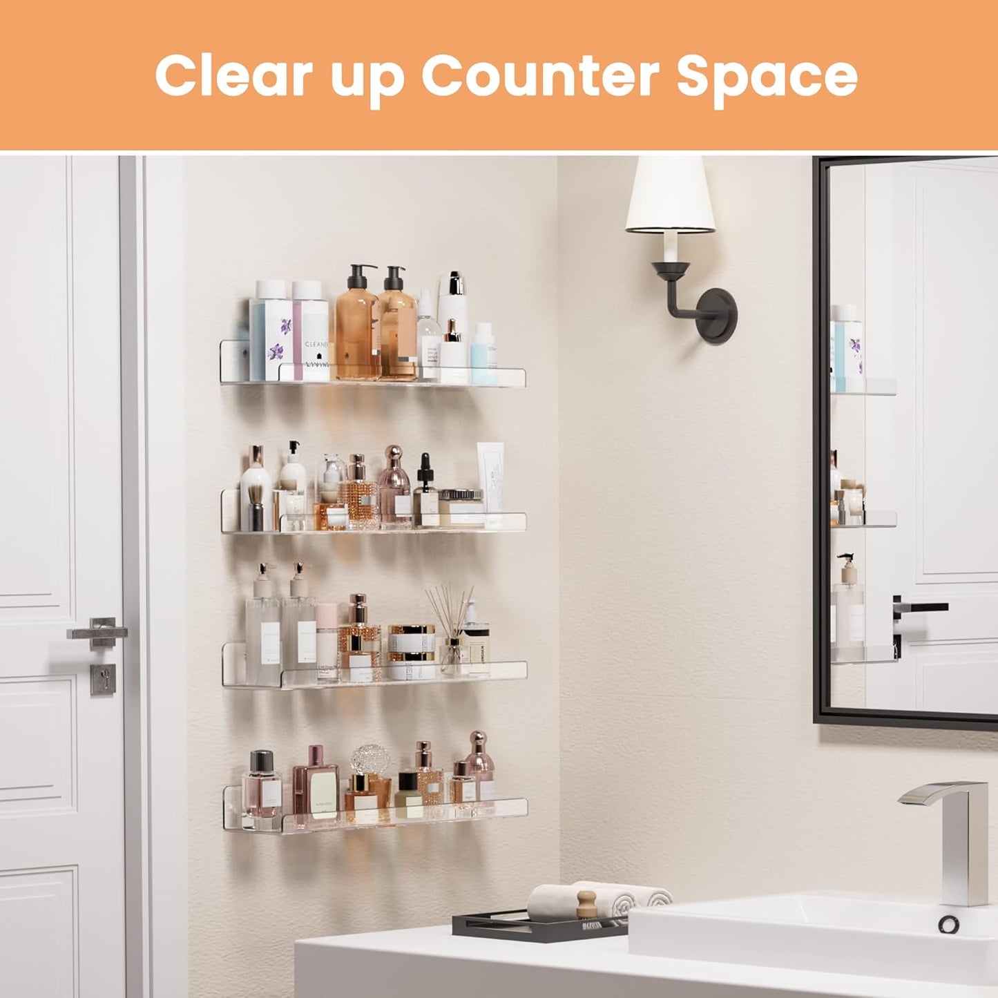 Acrylic Shelves for Bathroom Storage, 15" Floating Shelves Wall Organizer for Perfume, Make Up, Skincare, Kids Bookshelf for Bedroom, Nursery, Living Room Decor, Clear, 4 Pack