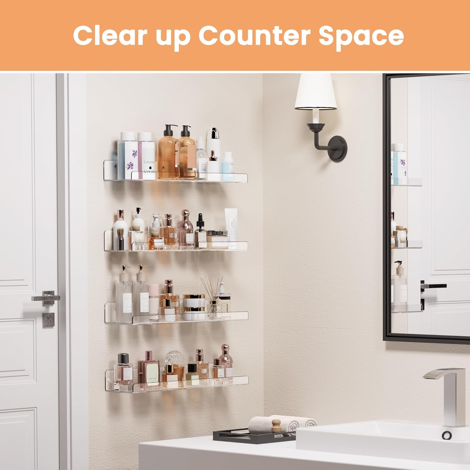Acrylic Shelves for Bathroom Storage, 15" Floating Shelves Wall Organizer for Perfume, Make Up, Skincare, Kids Bookshelf for Bedroom, Nursery, Living Room Decor, Clear, 4 Pack