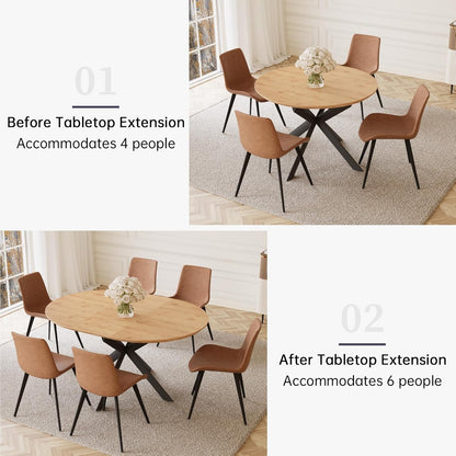 43.2"-59.1" Extendable Dining Table Set with Metal Legs, Wooden round Kitchen Table for 4-6 Person, Oak Coffee Table W/Easy-Clean Tabletop