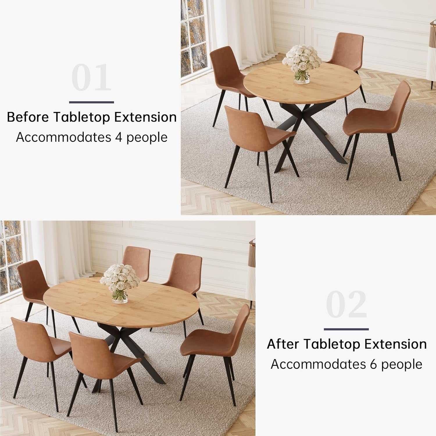 43.2"-59.1" Extendable round Dining Table Set of 7, round Kitchen Table with Thickened MDF Board, Oak Coffee Table,Steel Legs