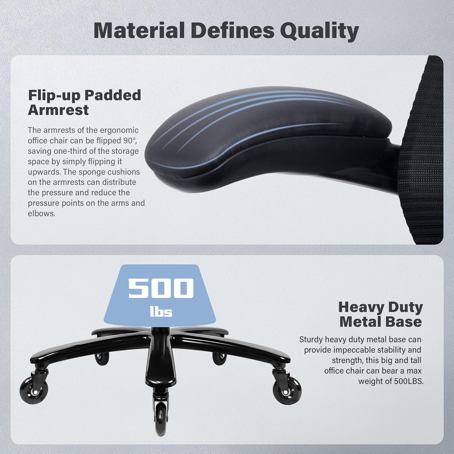 500Lbs Big and Tall Office Chair - Heavy Duty Mesh Ergonomic Desk Chair, High Back Computer Chair - Flip-Up Armrests, Wide Thick Seat Cushion, Quiet Wheels