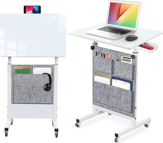 Adjustable Height Standing Desk, Writable Tempered Glass Desktop with Eraser, 360° Flip, Wheels and Bag– Ideal for Small Spaces and Home Offices, 24 In, White(Adjustable Height: 32-47 In)