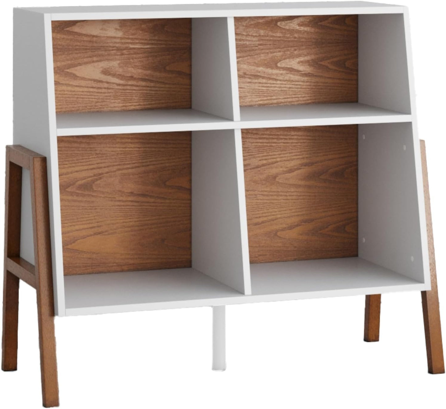 Telos 4-Cube White TV Stand with Open Cubby Shelf with Angled Design, Brown/Glossy White, Set of 2