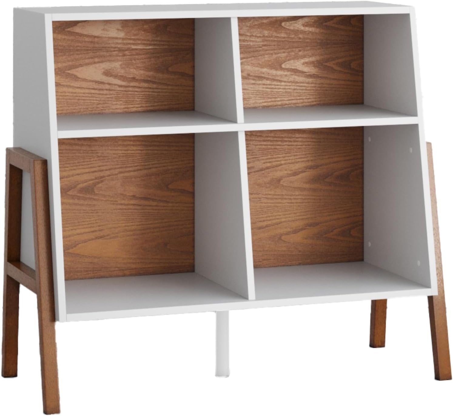 Telos 4-Cube White TV Stand with Open Cubby Shelf with Angled Design, Brown/Glossy White, Set of 2