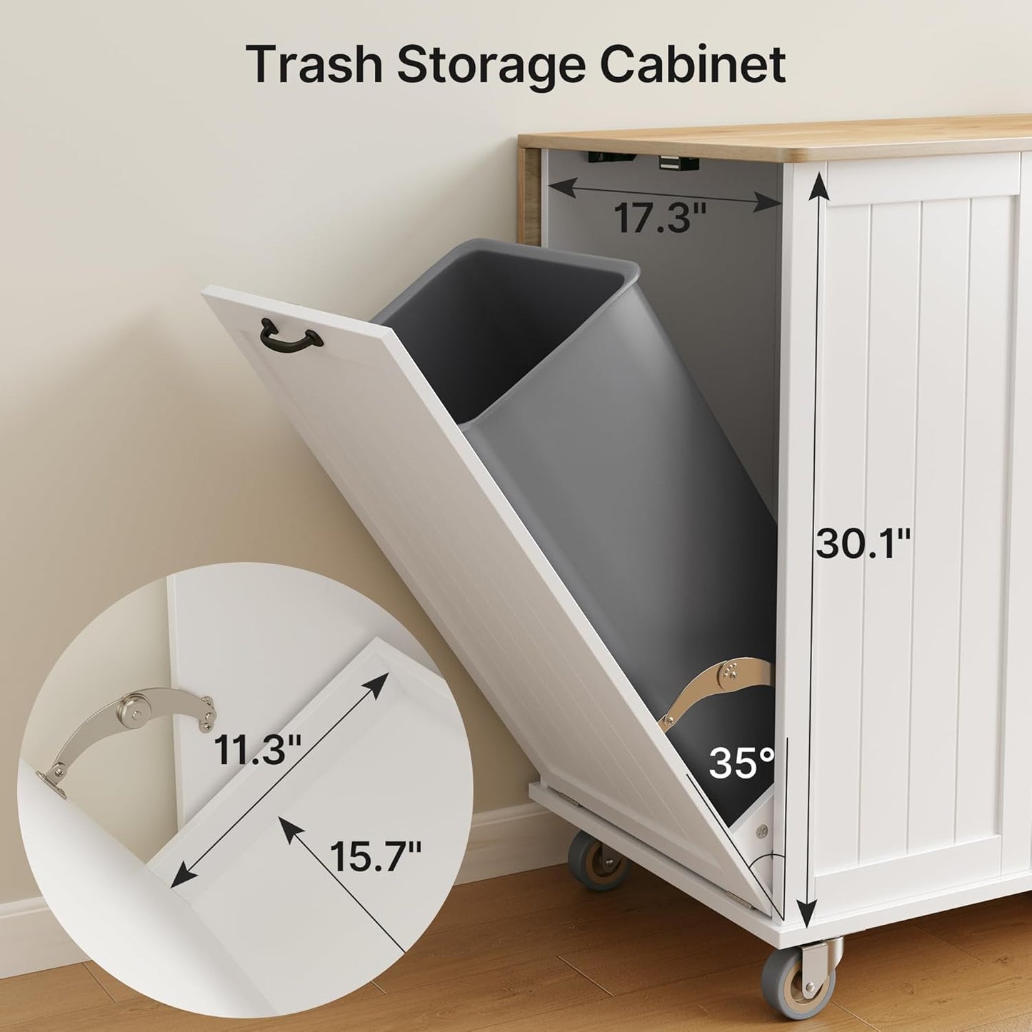 Kitchen Island with Storage, 44.49" Kitchen Island with Trash Can Storage, Drop Leaf Rubberwood Top, Knife Holder, Adjustable Shelf, Towel Bar, Drawer, Spice Rack, White