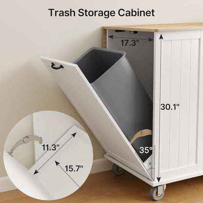 Kitchen Island with Storage, 44.49" Kitchen Island with Trash Can Storage, Drop Leaf Rubberwood Top, Knife Holder, Adjustable Shelf, Towel Bar, Drawer, Spice Rack, White