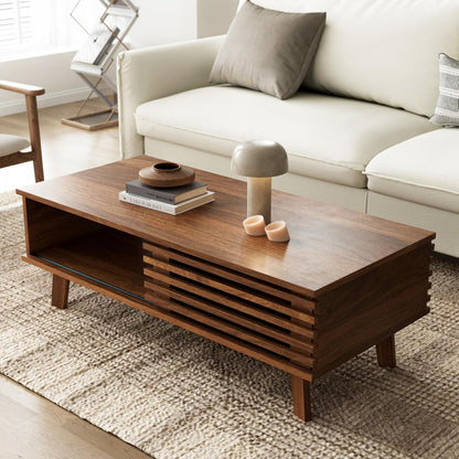 Living Room Table Sets of 2, Mid Century Coffee Table and TV Stand, Wood Coffee Table with Storage, Modern TV Stand for Bedroom, Living Room, Walnut