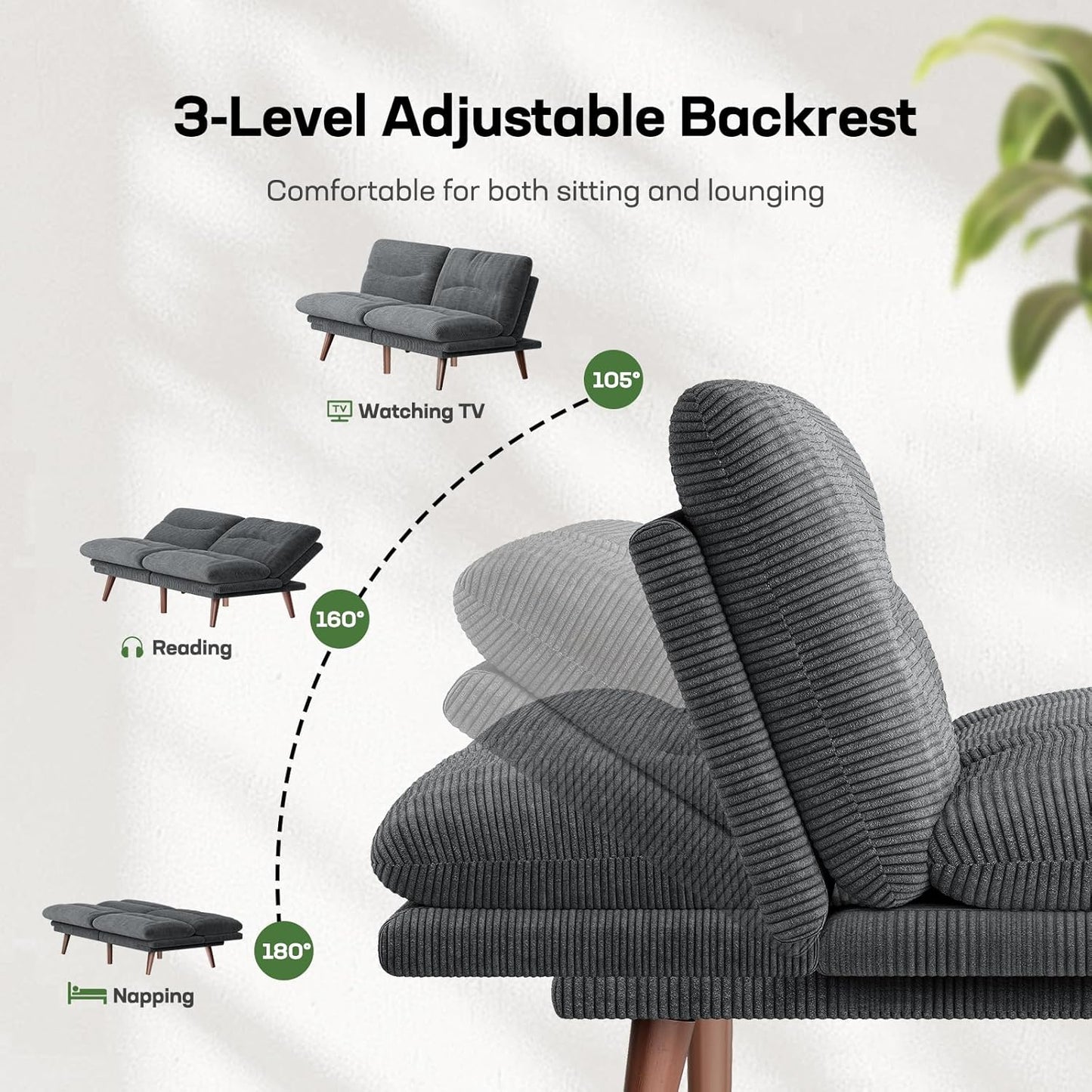 66.1" Futon Sofa Bed, Corduroy Convertible Futon Couch with Adjustable Backrest & Armrests, Small Sleeper Sofa Loveseat for Small Apartments, Study Room, Office, Grey